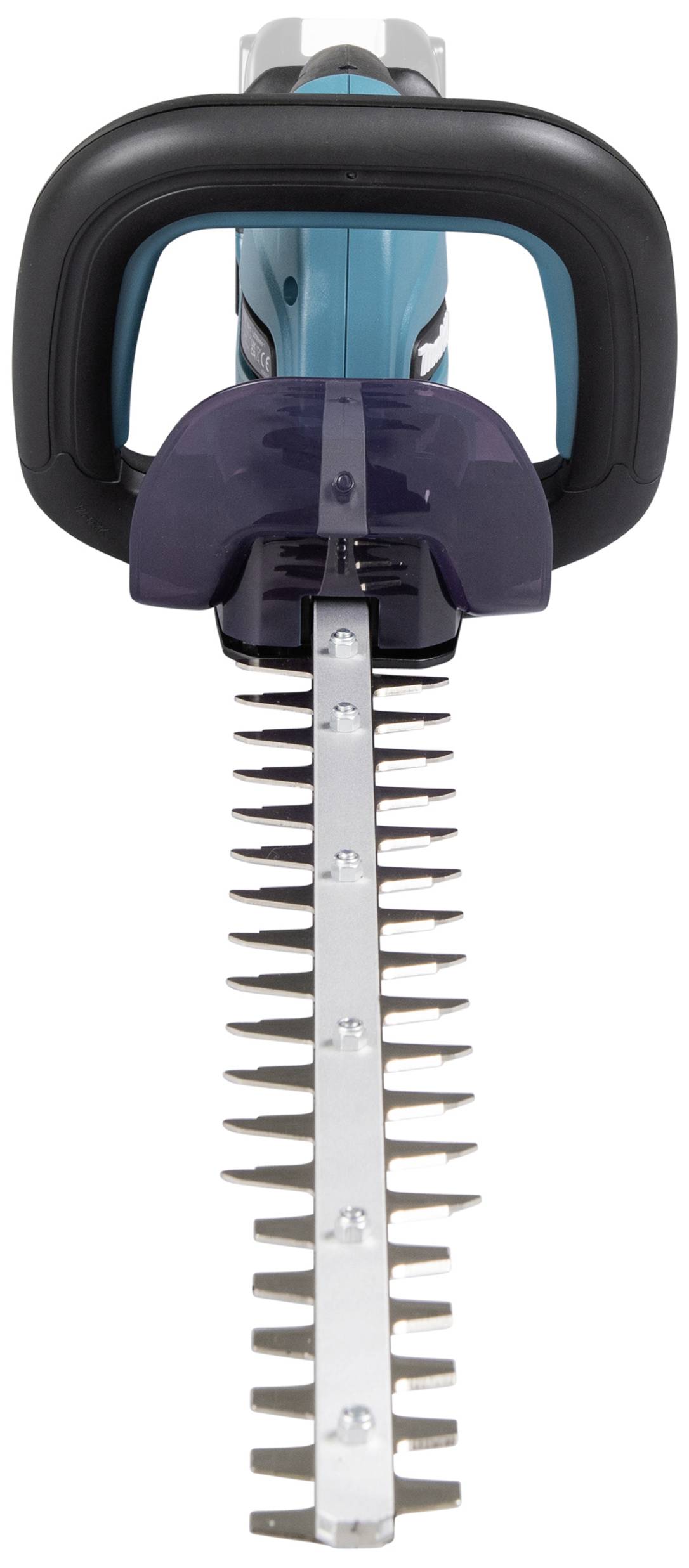 Electric hedge trimmer in frontal view, black handle, silver blade with teeth, blue casing.