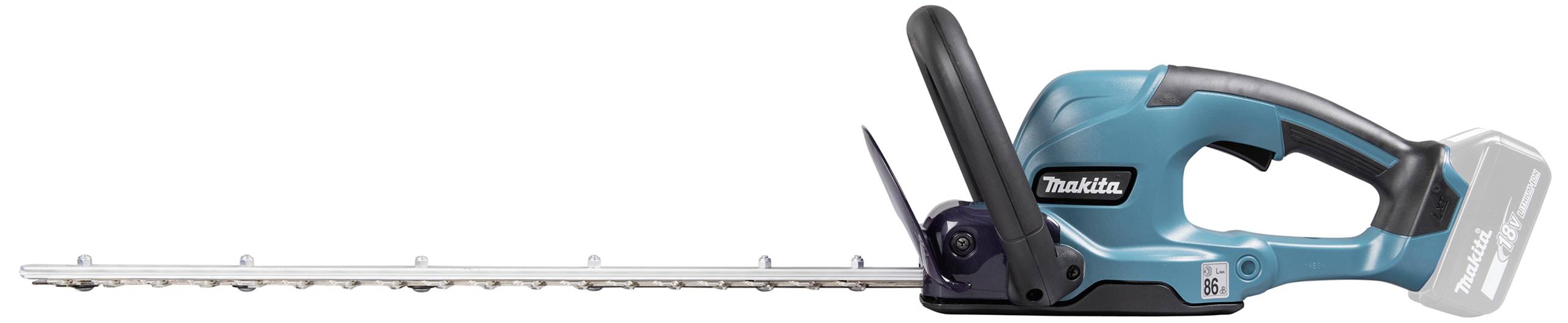 A blue, battery-powered hedge trimmer with a silver blade by Makita, pictured from the side, without a battery mounted.