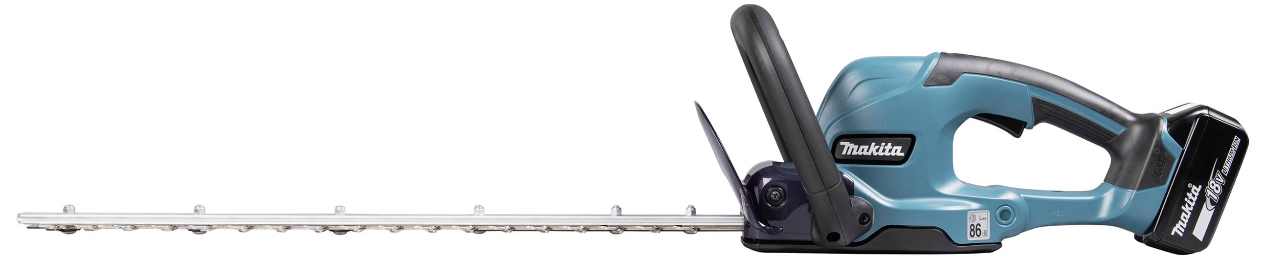 Battery-powered hedge trimmer in blue with long blade for trimming hedges and bushes. Includes handle and operating controls.