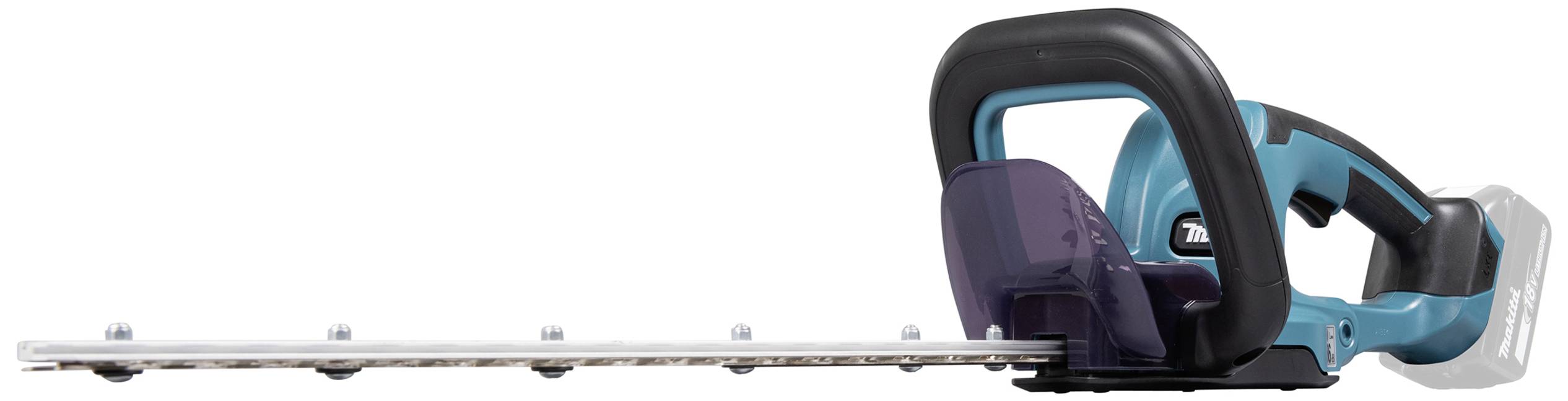 Cordless hedge trimmer with blue and black handles, showing the blade on the left side. Trendy, modern garden tool.