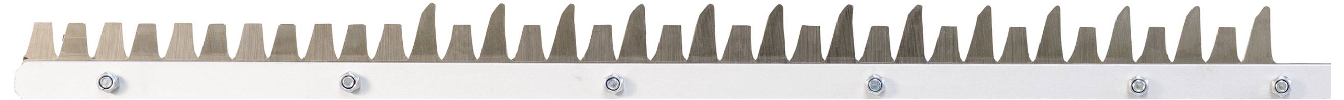 Hedge trimmer with multiple blades arranged in a row, alternating between top and bottom positions. Primarily used for cutting hedges.