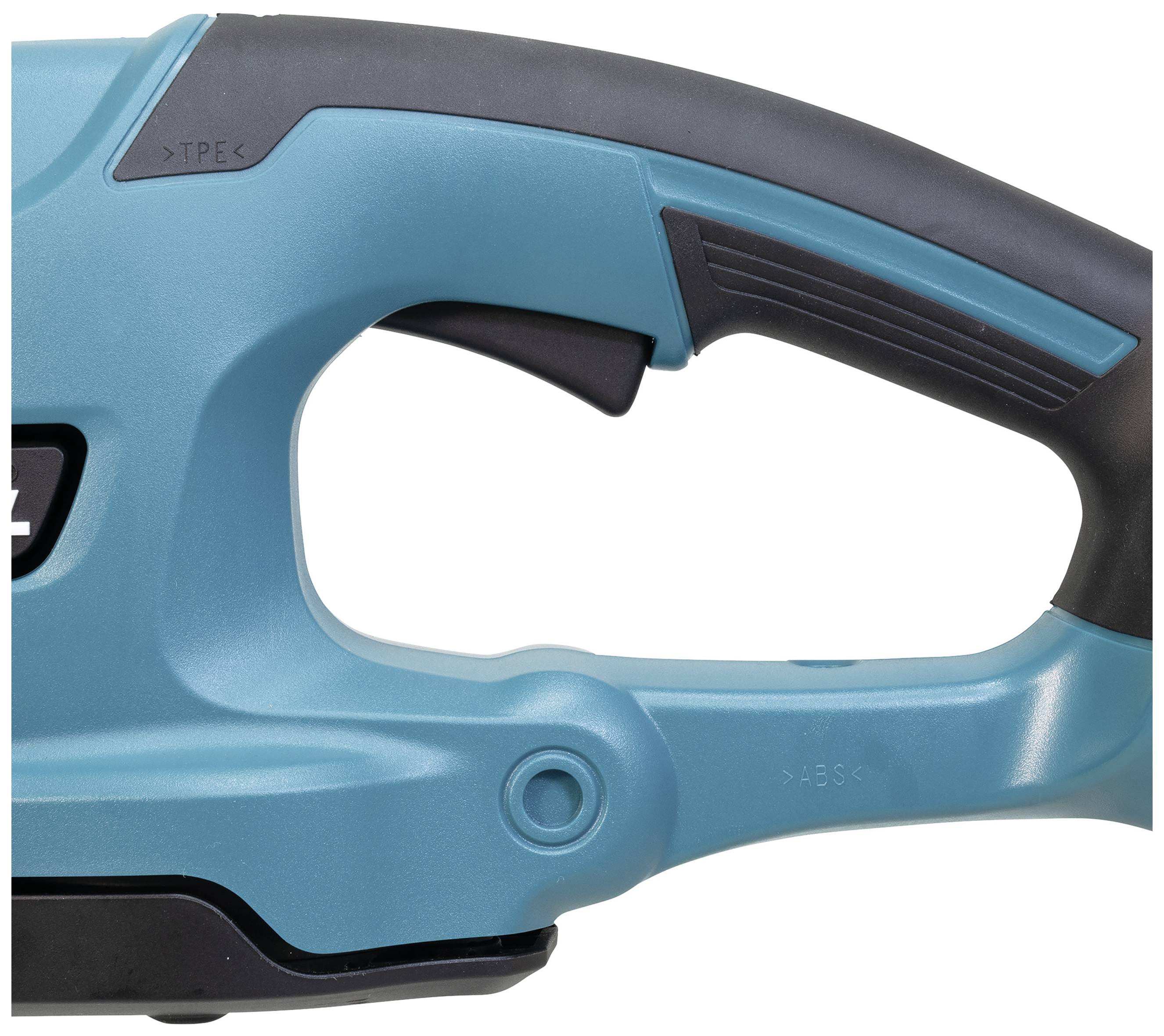 A blue handle of an electrical device with a black accent.