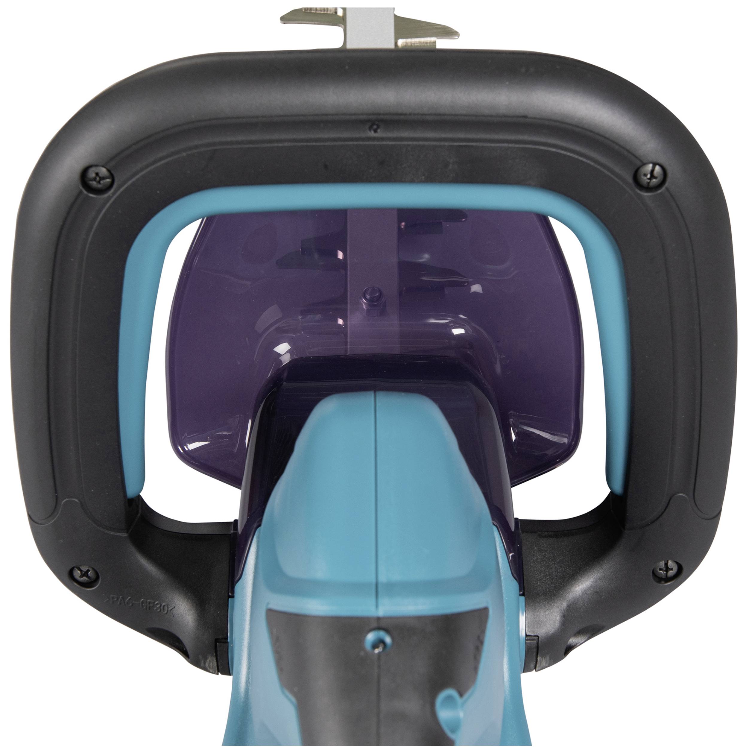 A blue garden trimmer with a black handle and purple protective shield, photographed head-on. Primarily used for hedge trimming.