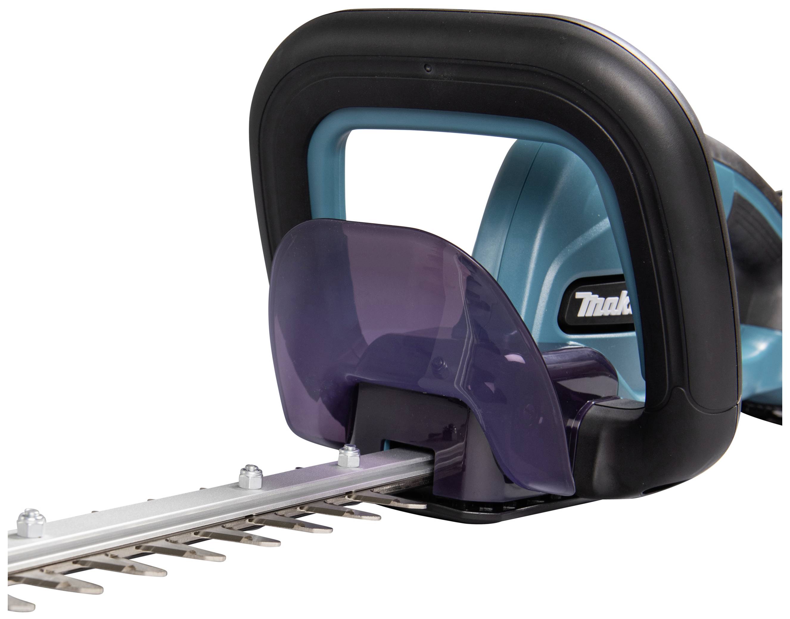 Electric hedge trimmer in close-up, with blue and black details, showing the blade and front safety handle.