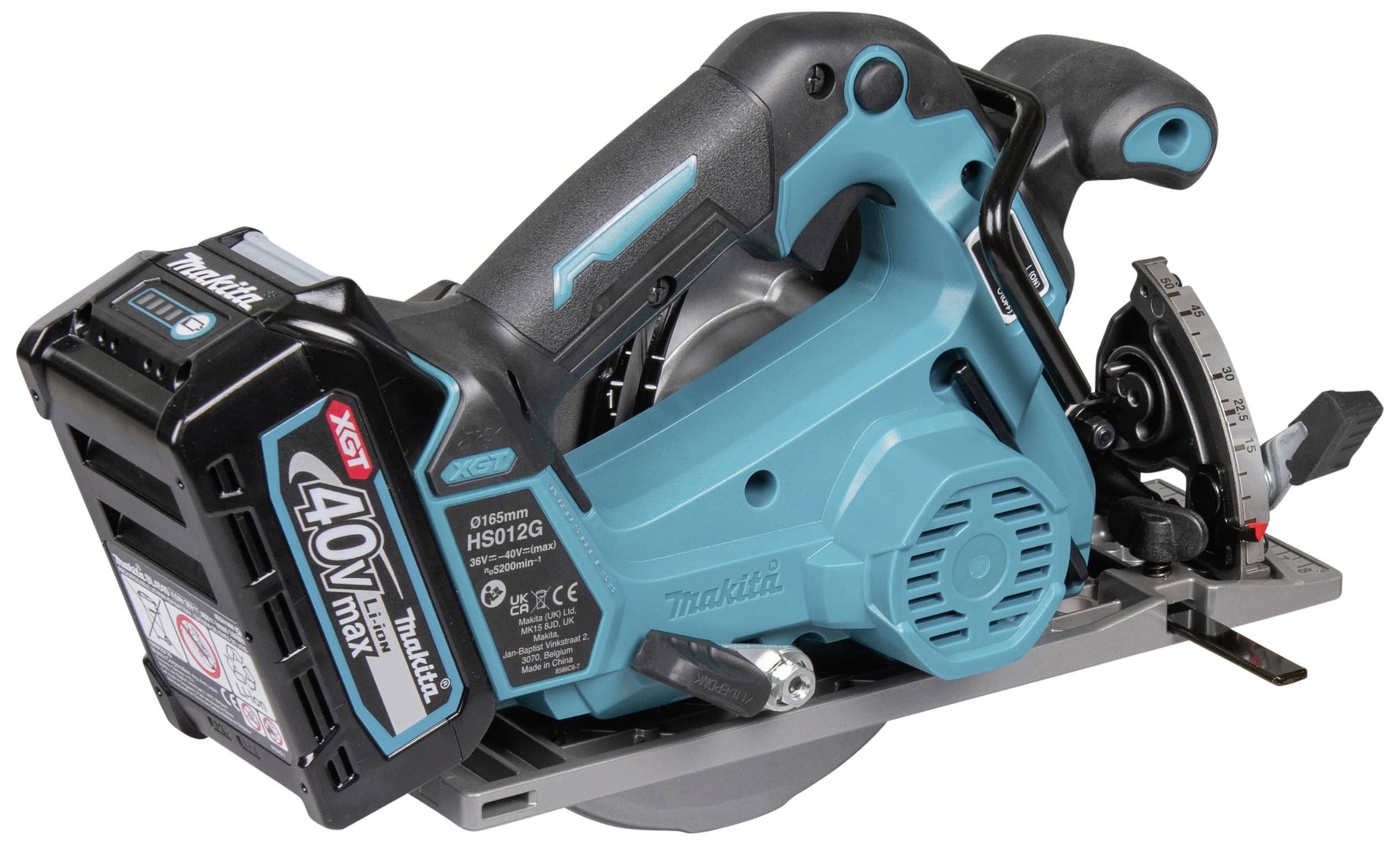 A blue cordless circular hand saw with a black handle and an attached battery.