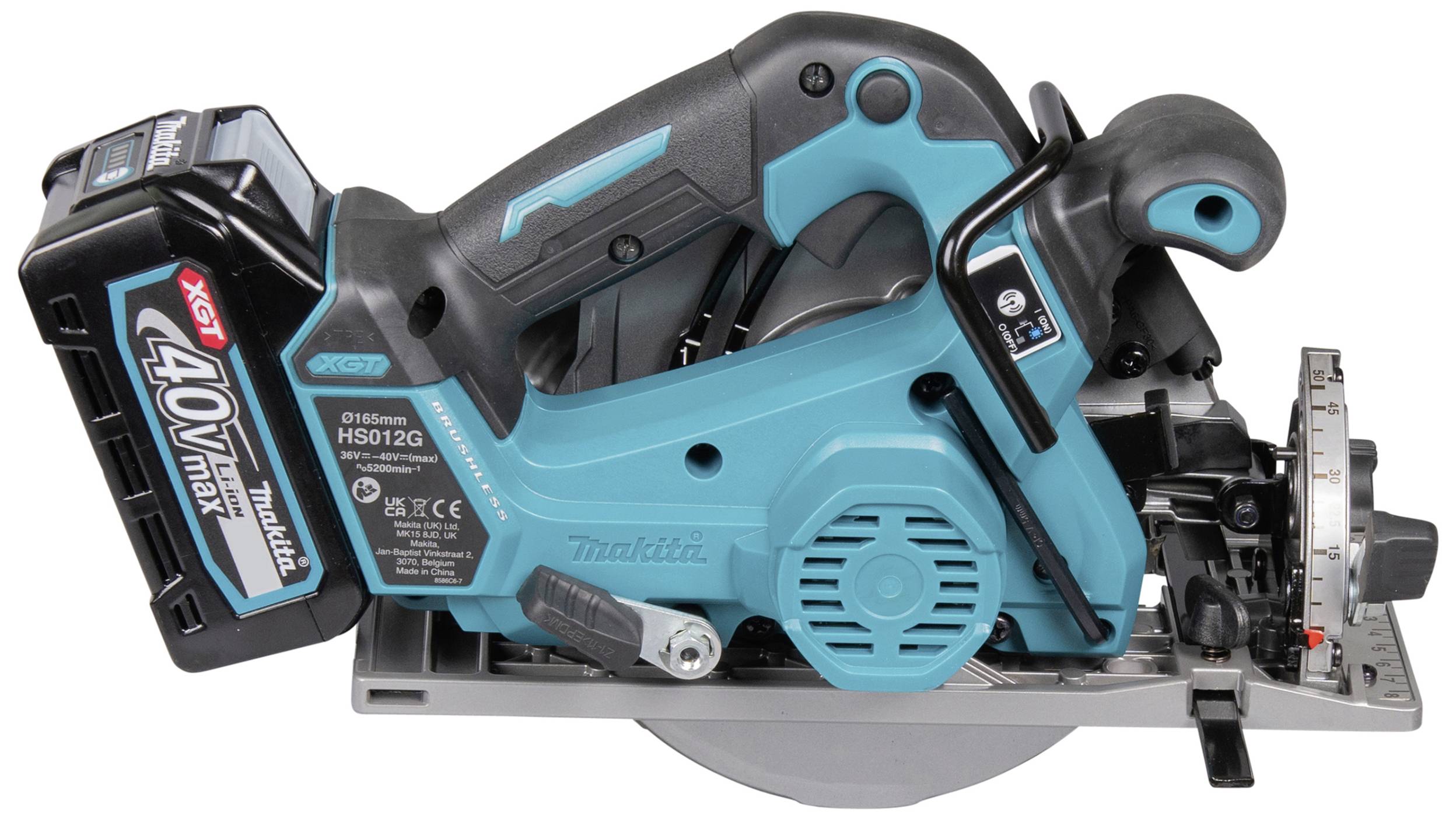 Cordless circular saw with a blue casing and black handle. Model designation 'HS012G' and '40V max' visible on the casing.