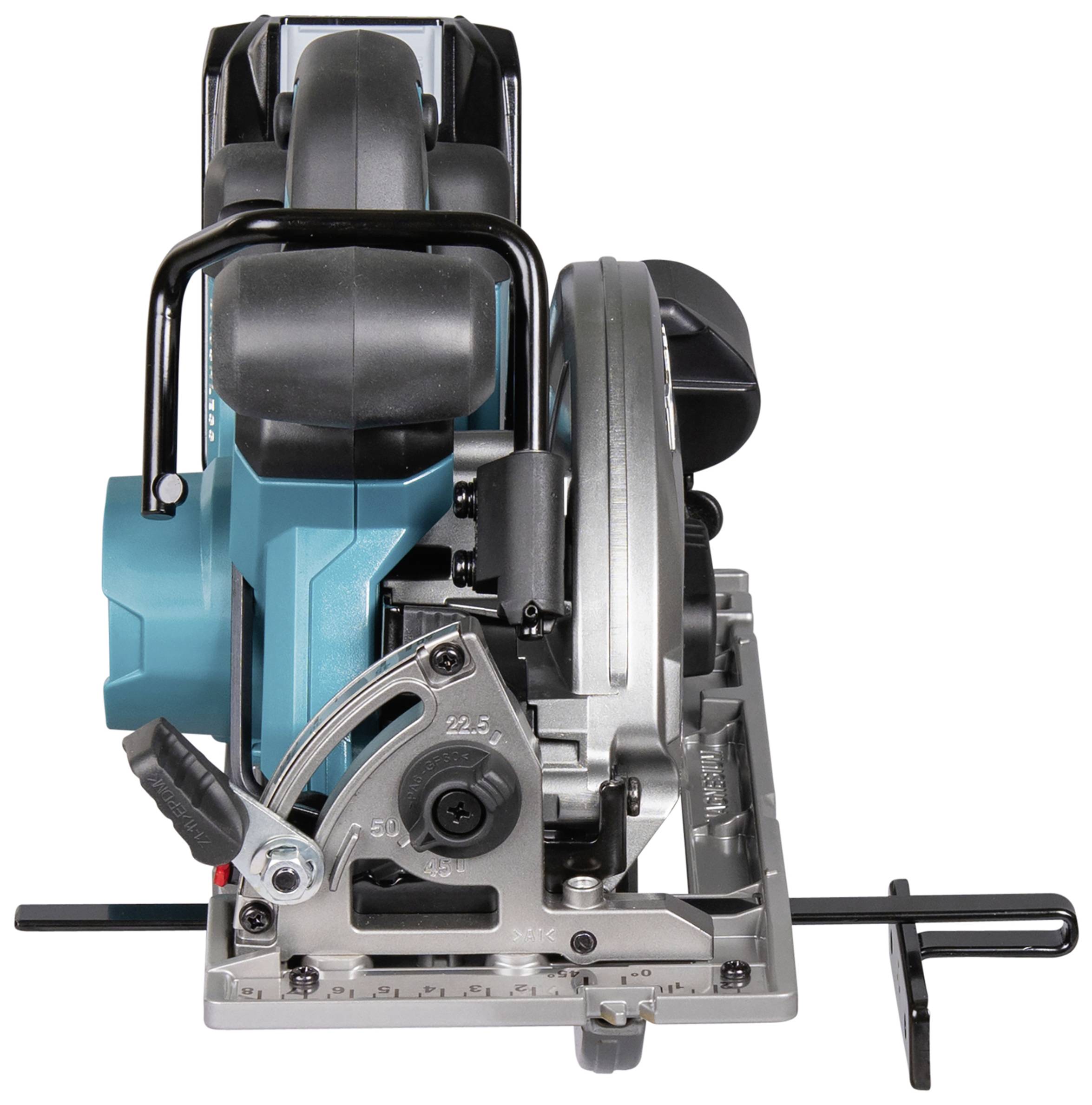 Circular saw in side view, showing the saw blade and depth adjustment lever. Primarily turquoise and silver in colour.