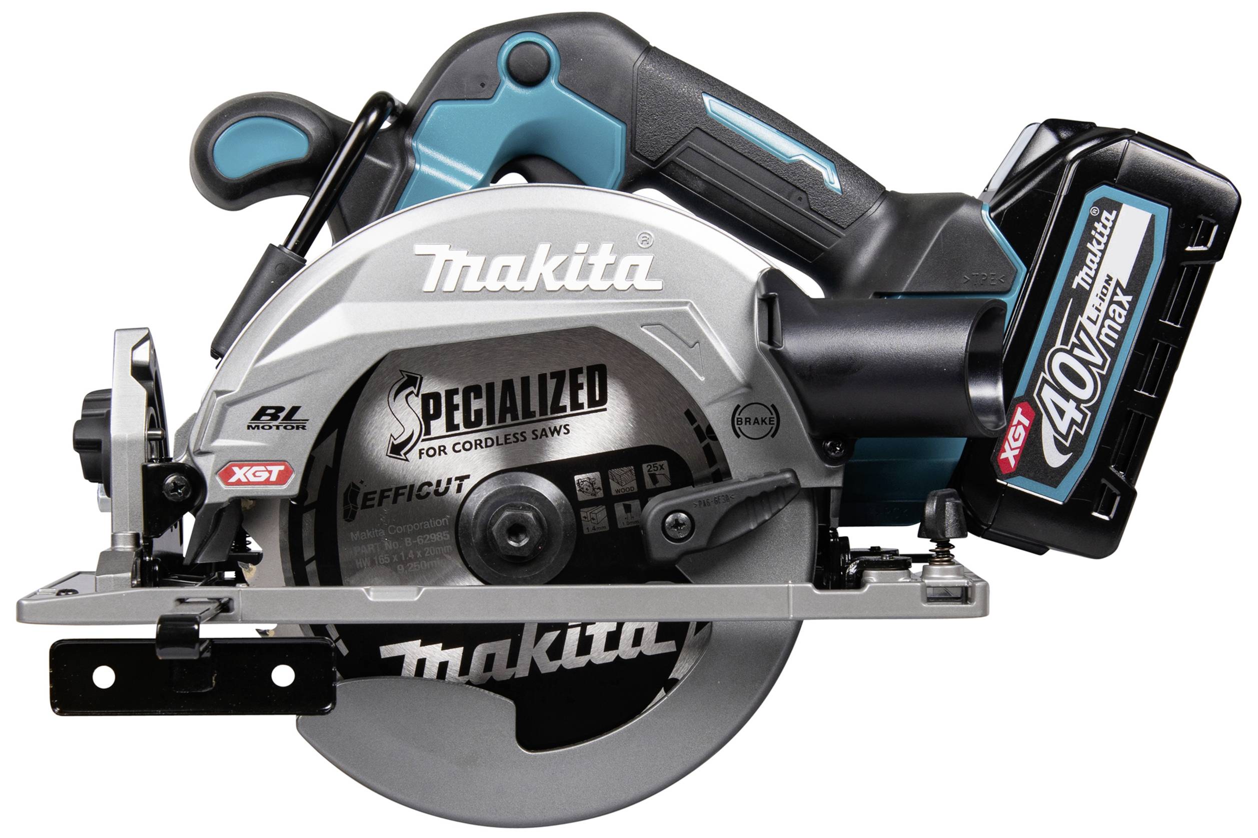 Battery-powered circular hand saw viewed from the side, brand visible. Model '40Vmax XGT'. Cuts wood efficiently.