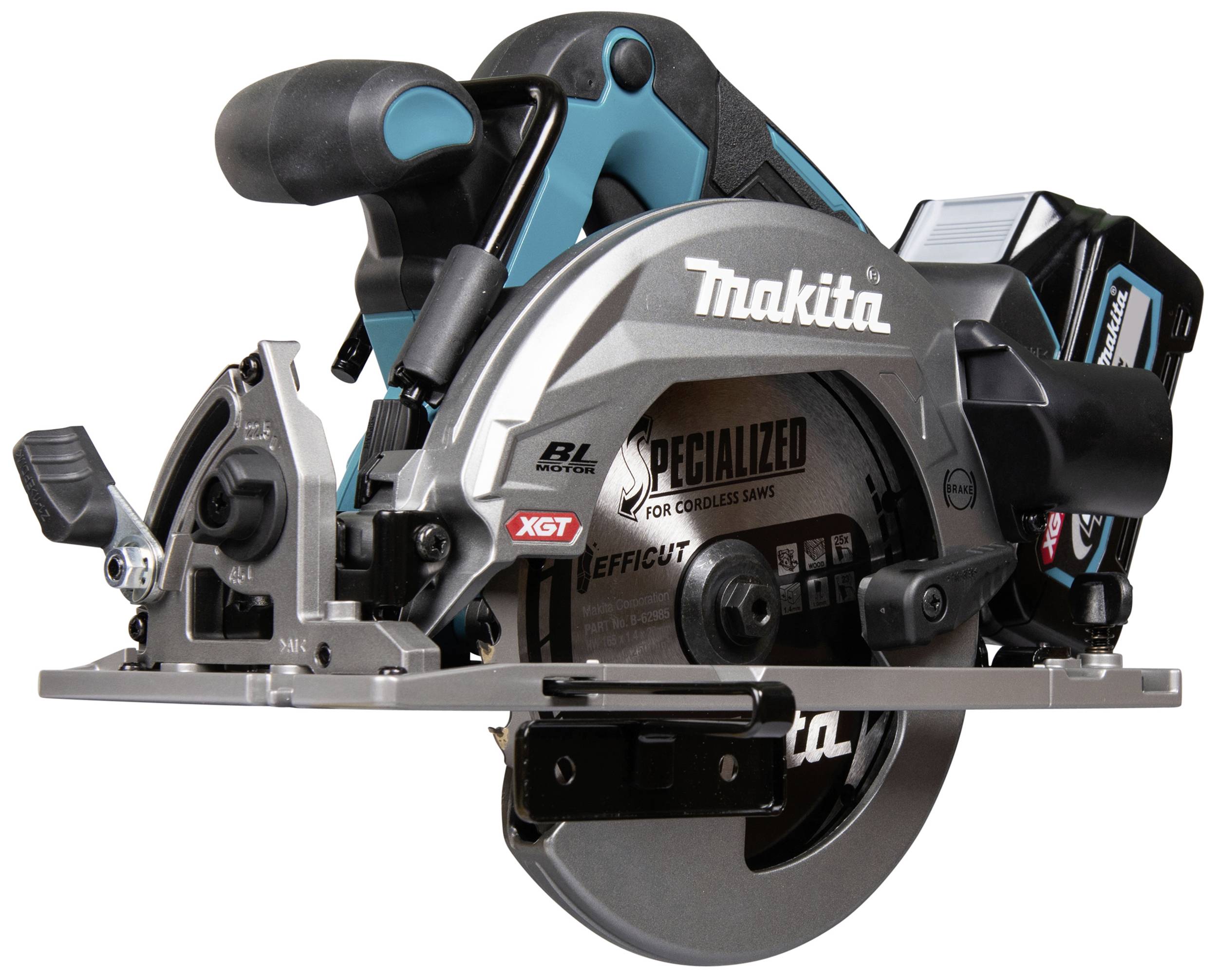 Cordless circular saw model with a blue and black housing. 'Makita' marking on the saw blade. Battery and handle visible.