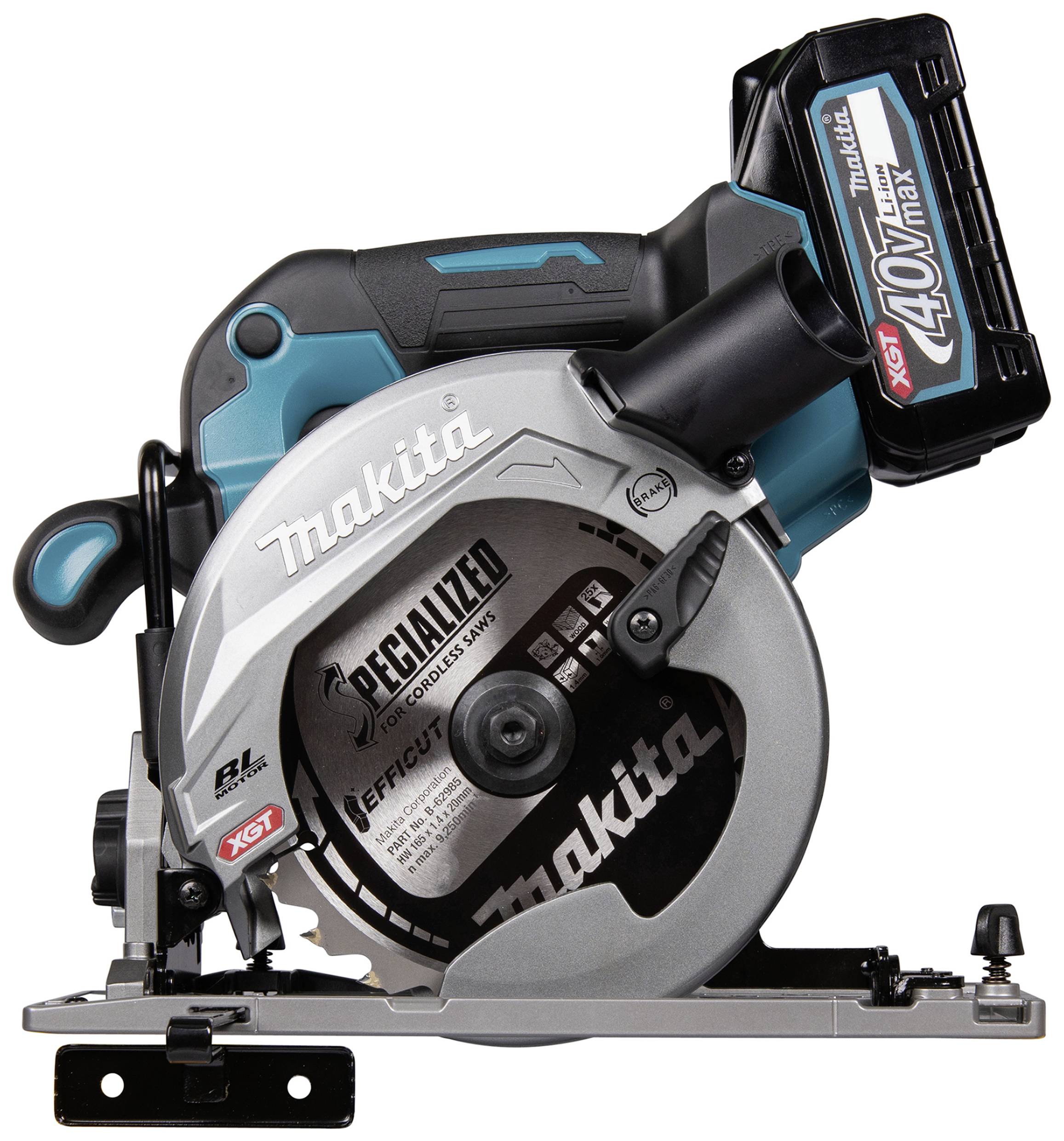 'Battery-powered circular saw with a silver saw blade, black handle, and blue-black casing. 'Makita' brand name visible.'