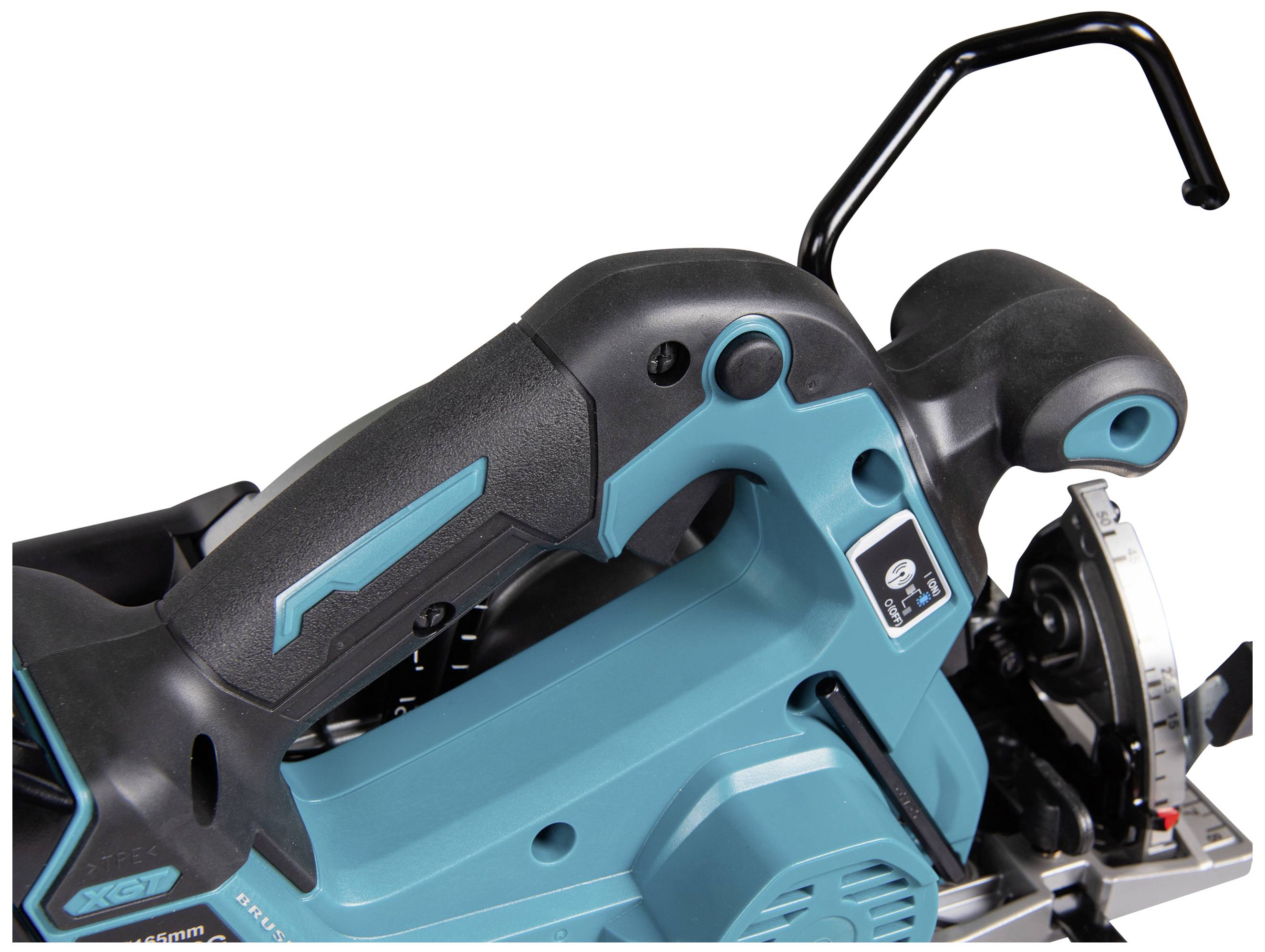 A section of an electric circular hand saw with a blue casing and black handle, featuring a measurement indicator on the front.