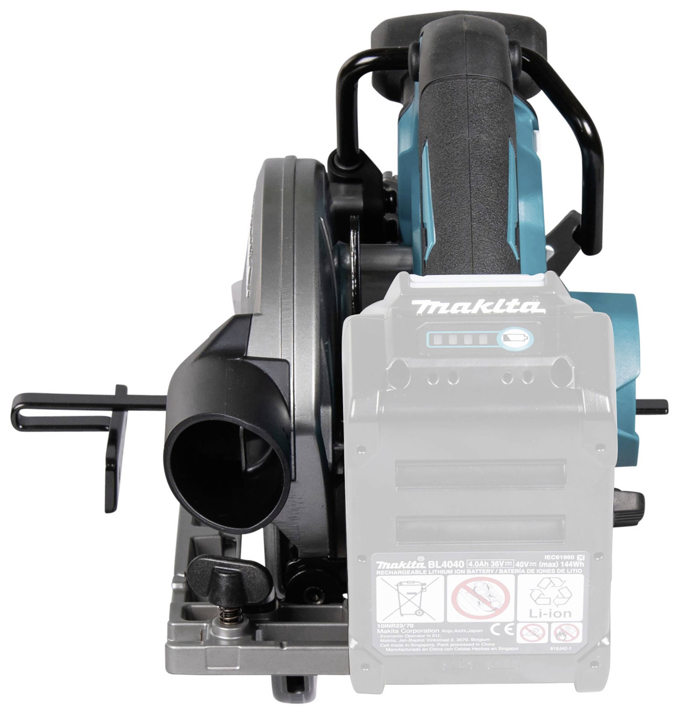 Battery-powered circular hand saw shown from behind, Makita brand, with an ergonomic handle and dust extraction system.