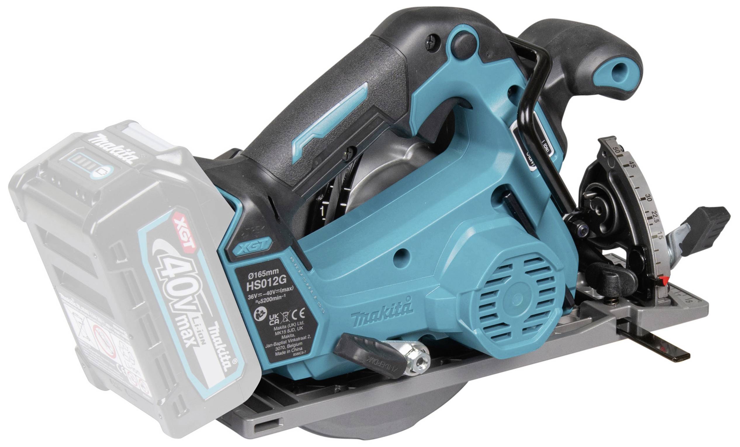 Cordless circular hand saw with blue casing. The black handle and saw blade guard are visible. Battery not fully inserted.