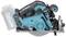 Cordless circular hand saw in turquoise and black, shown from the side. Powerful tool, suitable for precise woodworking.