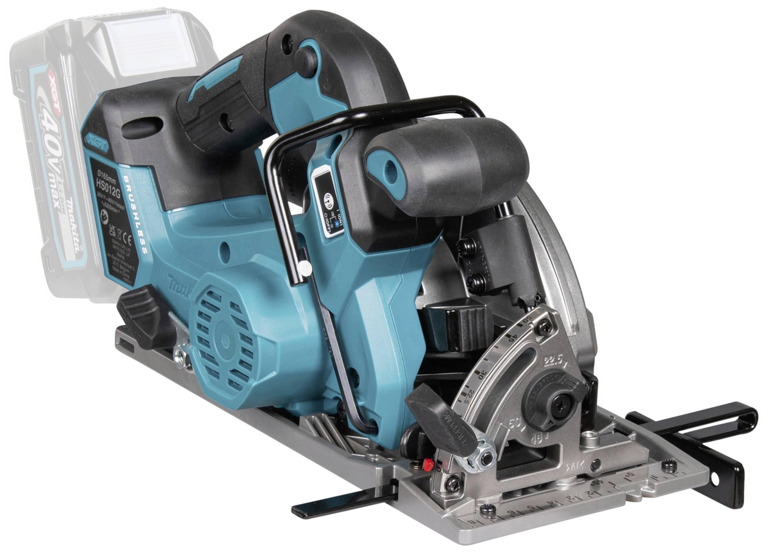 A blue cordless circular saw with a black handle on a white background. It shows the blade, protective cover, and adjustment mechanisms.