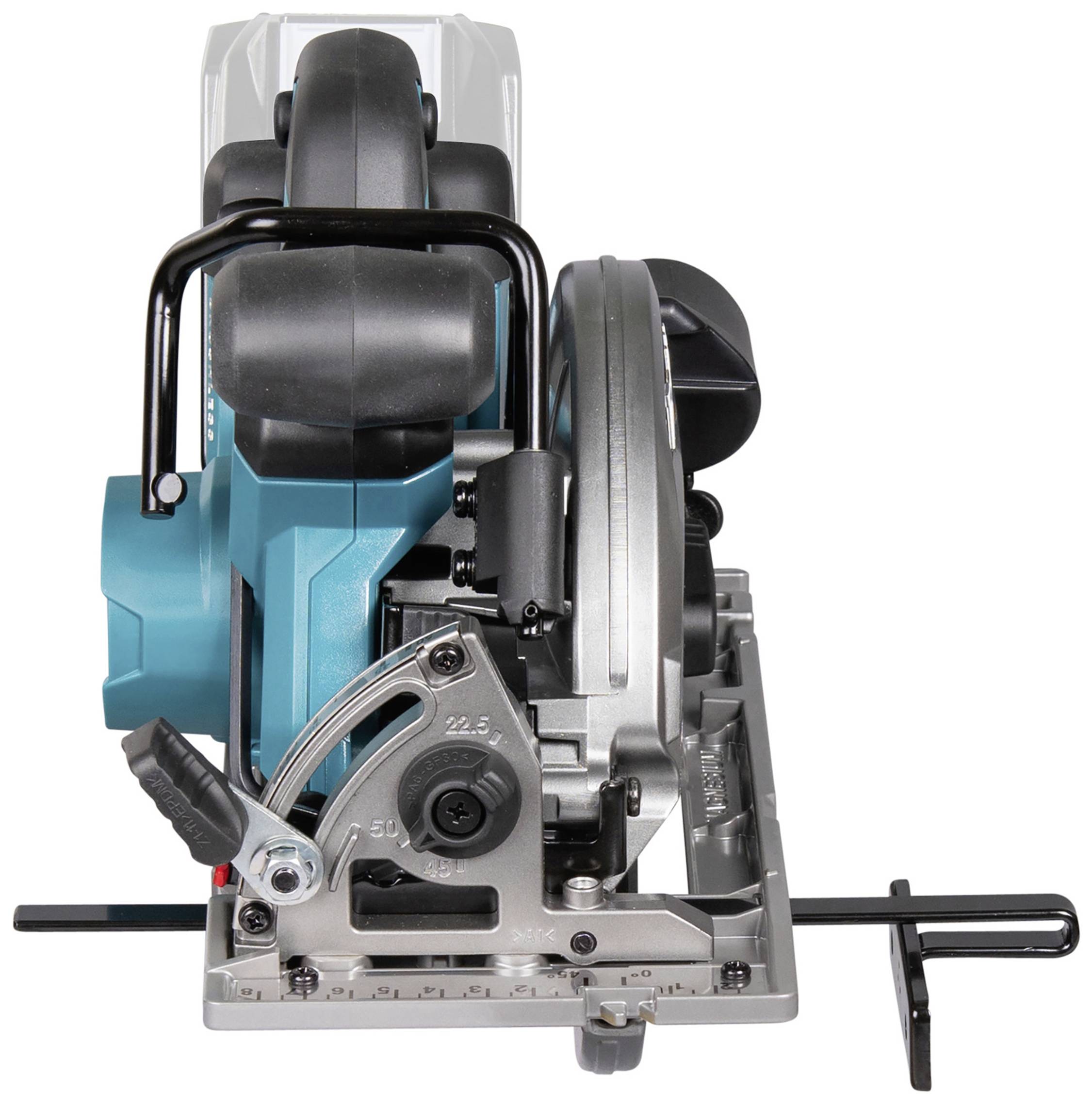 Electric circular hand saw, front view, showing blade and handle. Suitable for precise wood cutting in construction projects.