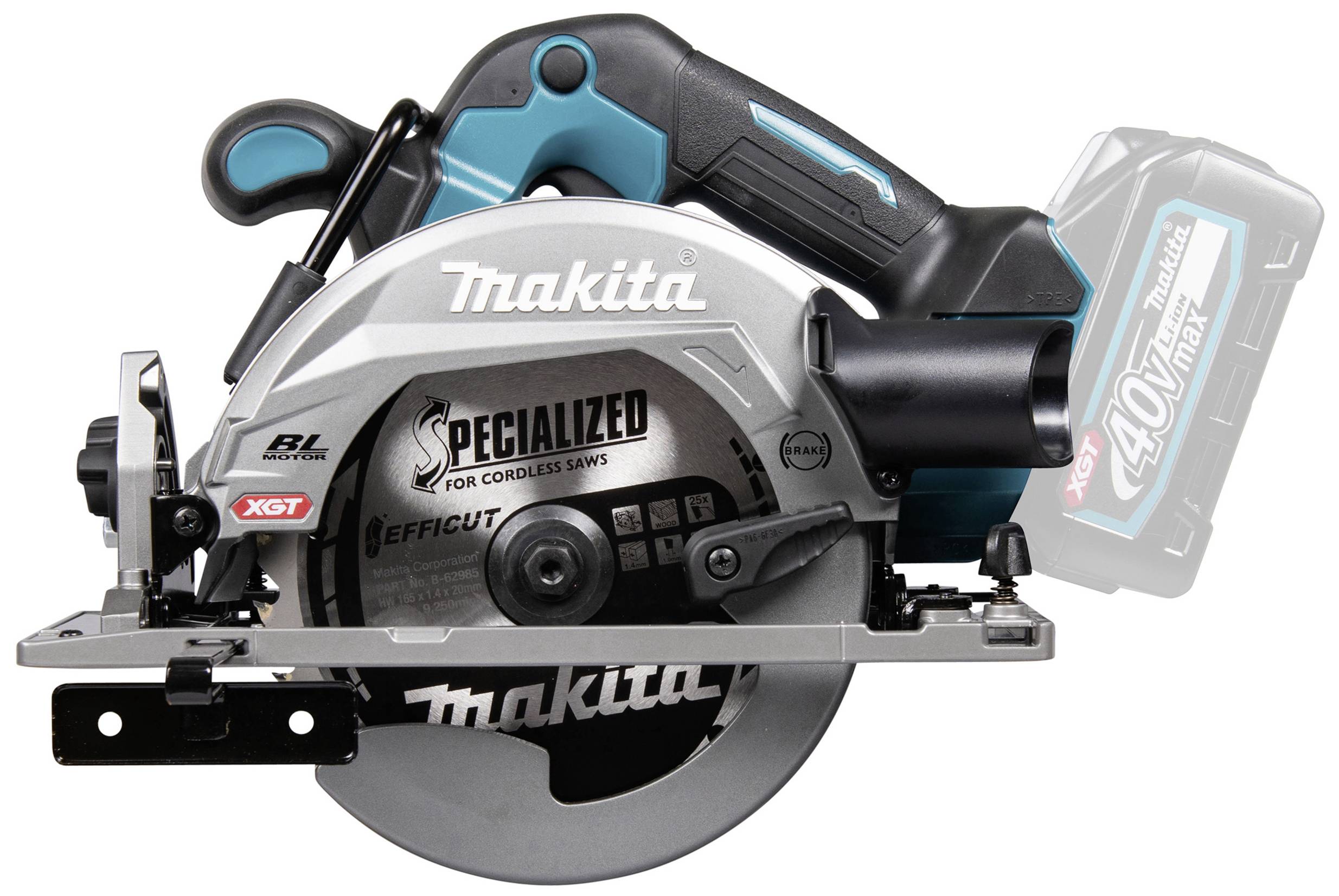 Battery-powered circular saw with a blue-black casing. Inscription 'SPECIALIZED' and '40Vmax' on the saw blade and battery. By Makita.