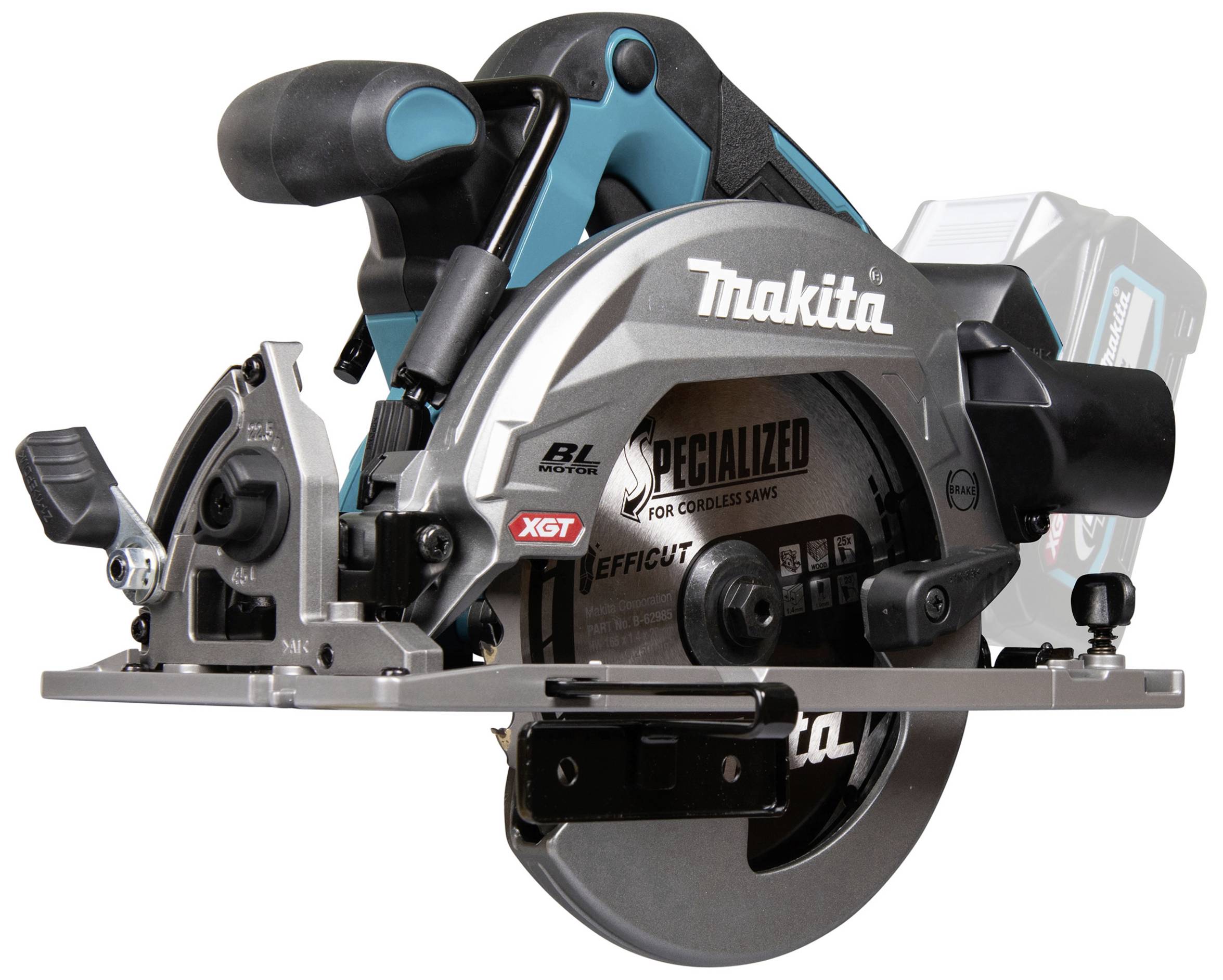 A cordless handheld circular saw with an ergonomic handle and dust extraction port, suitable for precise woodcutting.