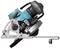 A blue, portable circular saw with adjustable angle settings on a white background, suitable for precise wood cutting.