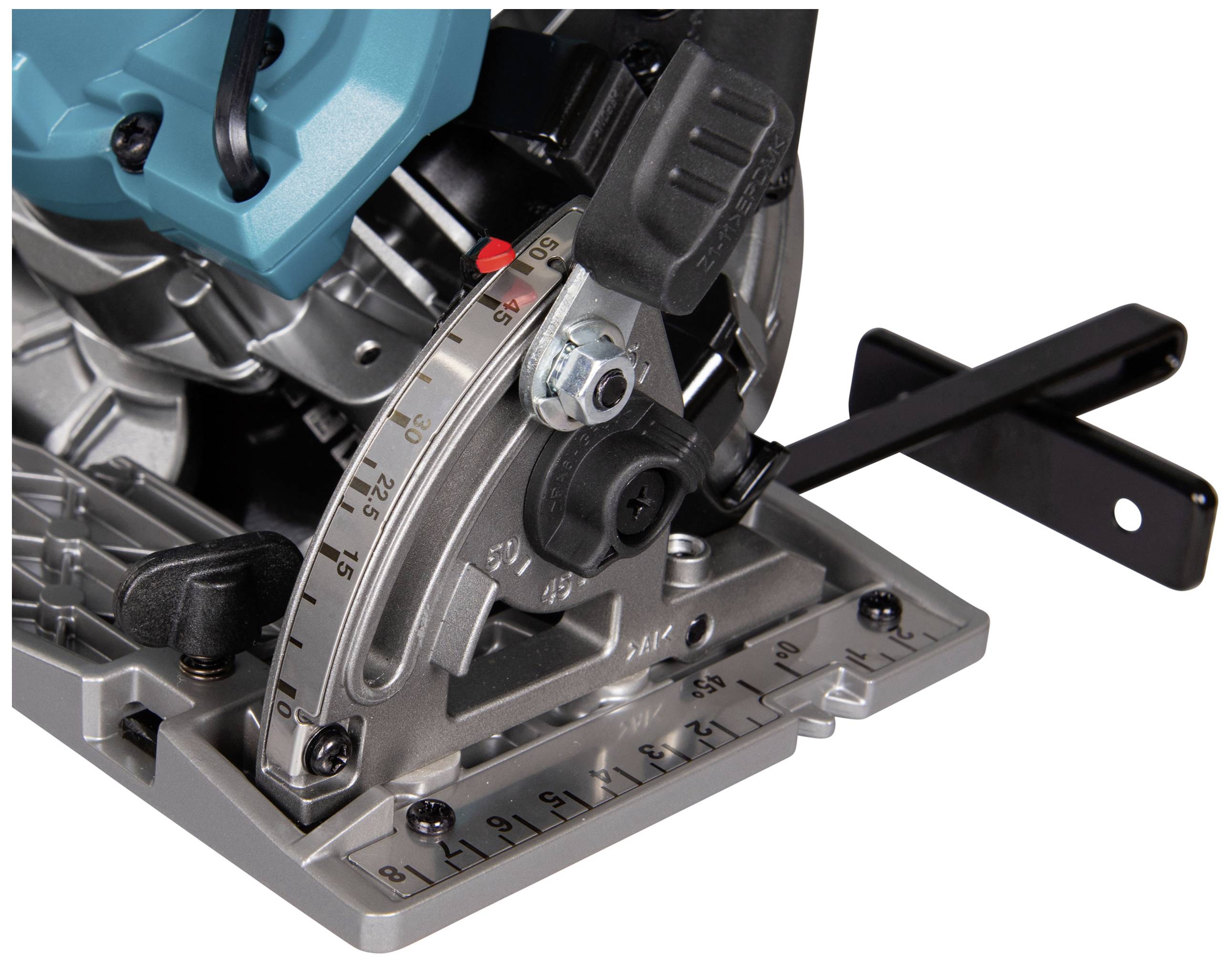 Circular saw with adjustment scale and angle setting, showing precision equipment for cutting depths and angles, in close-up.