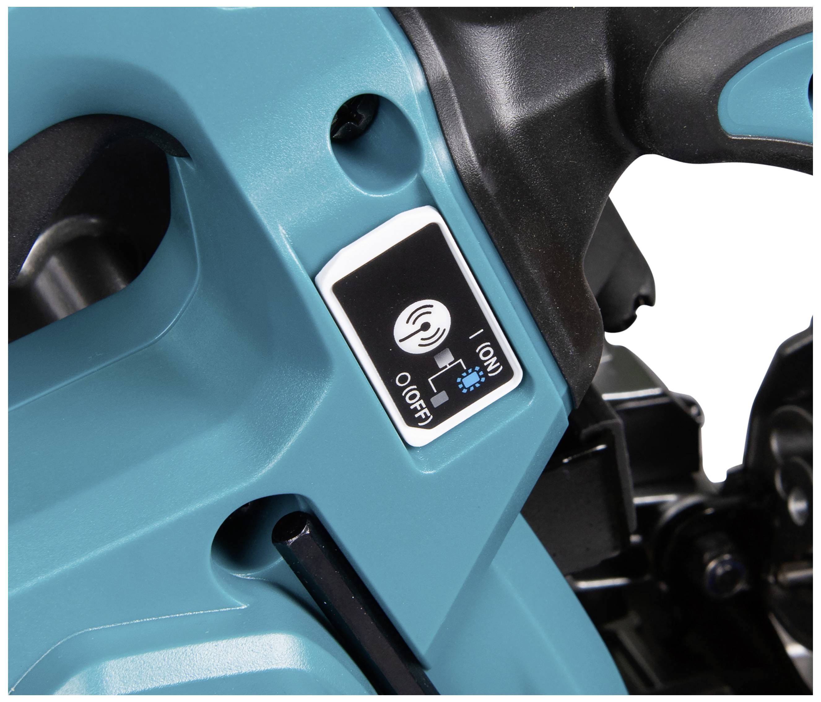 'Power switch of an electric power tool with a blue cover, slider for turning on and off, symbol for wireless connection.'