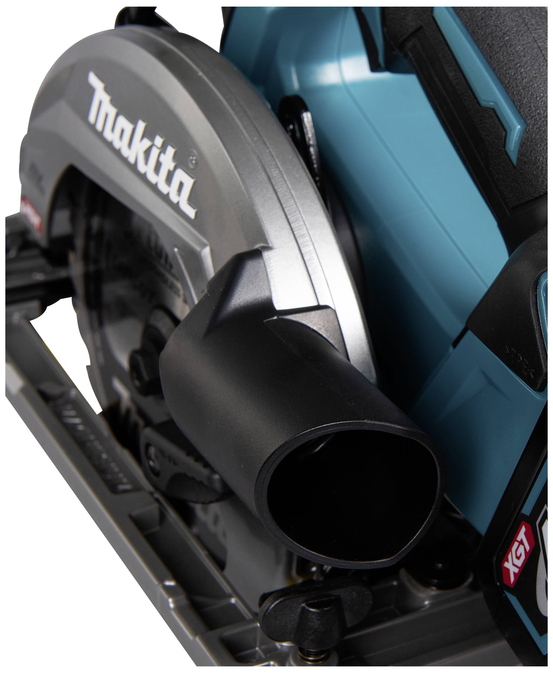 A blue and black circular saw with a silver protective housing is shown in a close-up. The brand is visible.