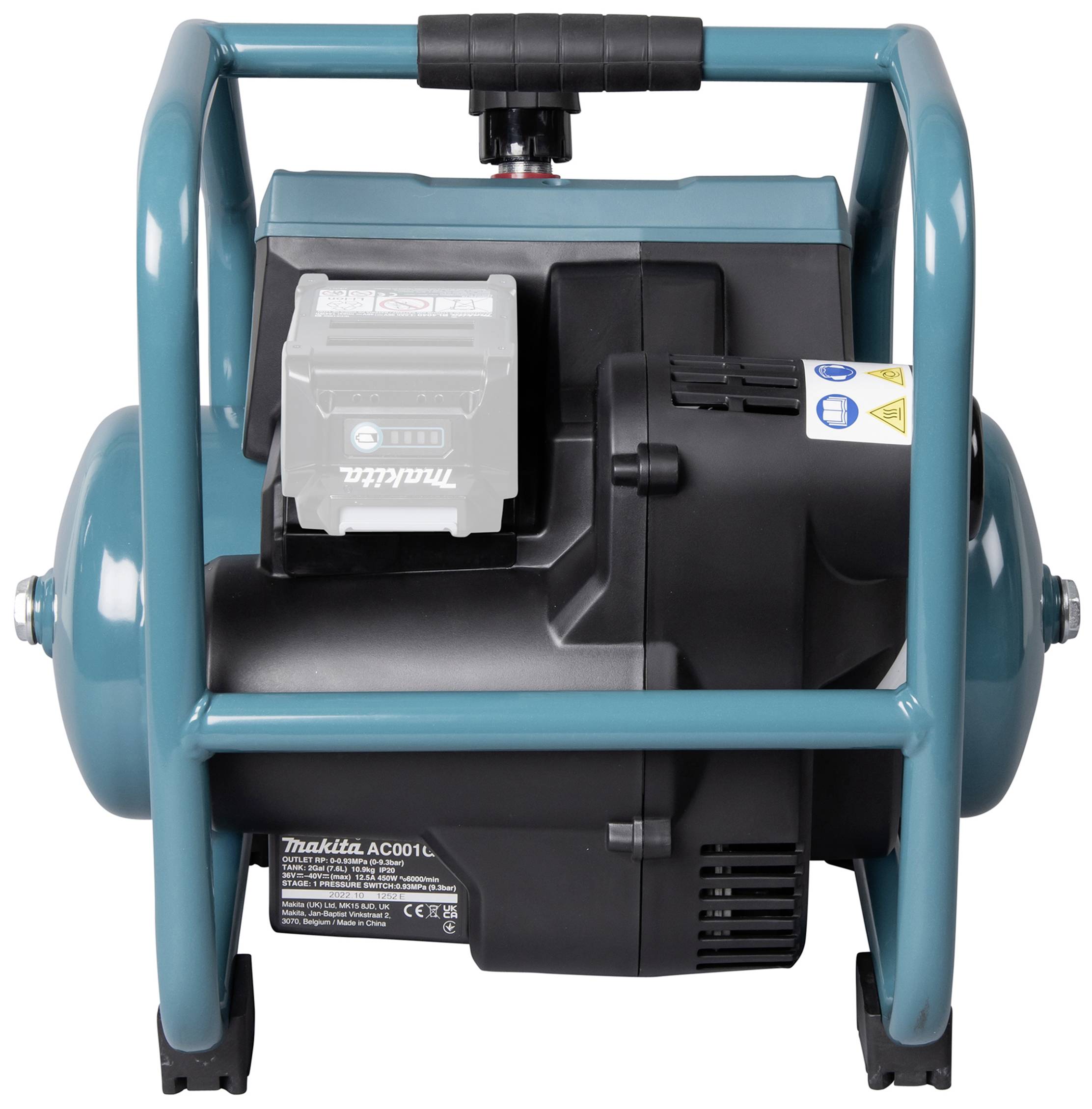 A compact air compressor with a blue-black casing, robust protective frame and carry handle. Designed for pneumatic tools.