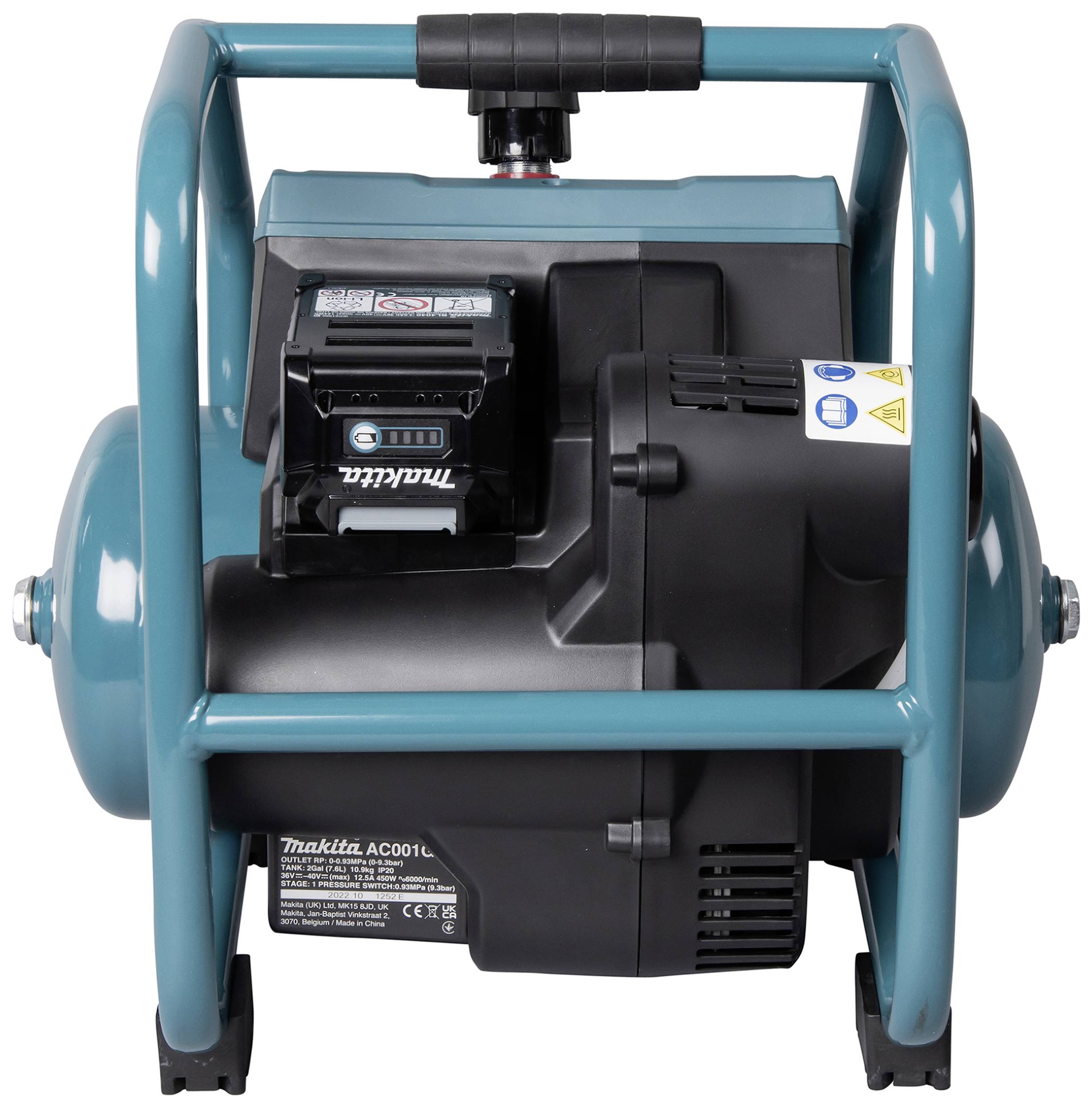 A portable compressor with a blue frame and black housing. A handle is located on top for transportation.