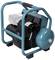 A portable, blue electric air pump with black elements and a handle on top. It appears sturdy and user-friendly.