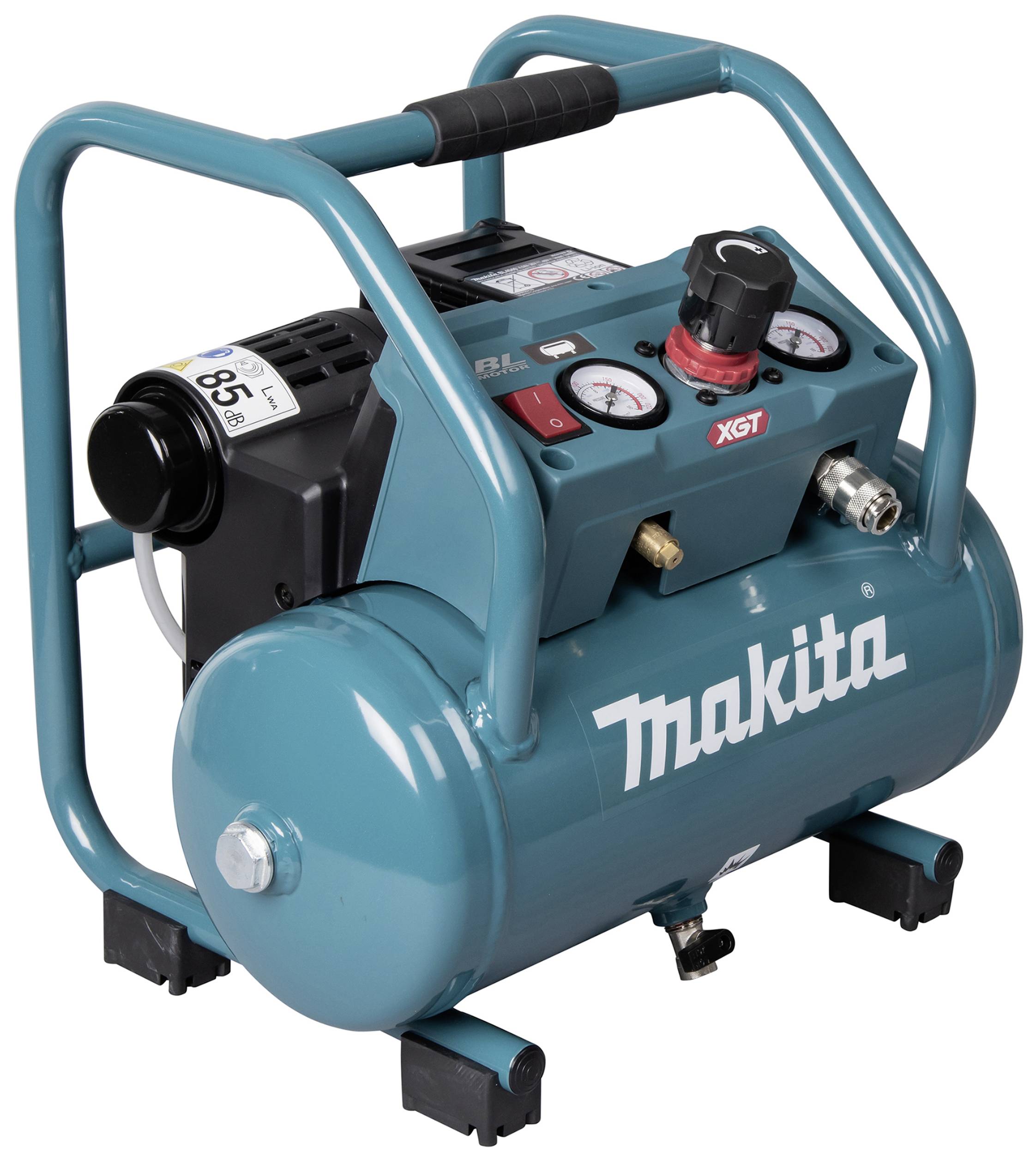 Portable, turquoise Makita air compressor with two pressure gauges and handles, suitable for construction sites and workshops.