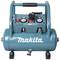A blue portable Makita compressor with pressure gauges, red and black valve knobs, and a contoured handle.