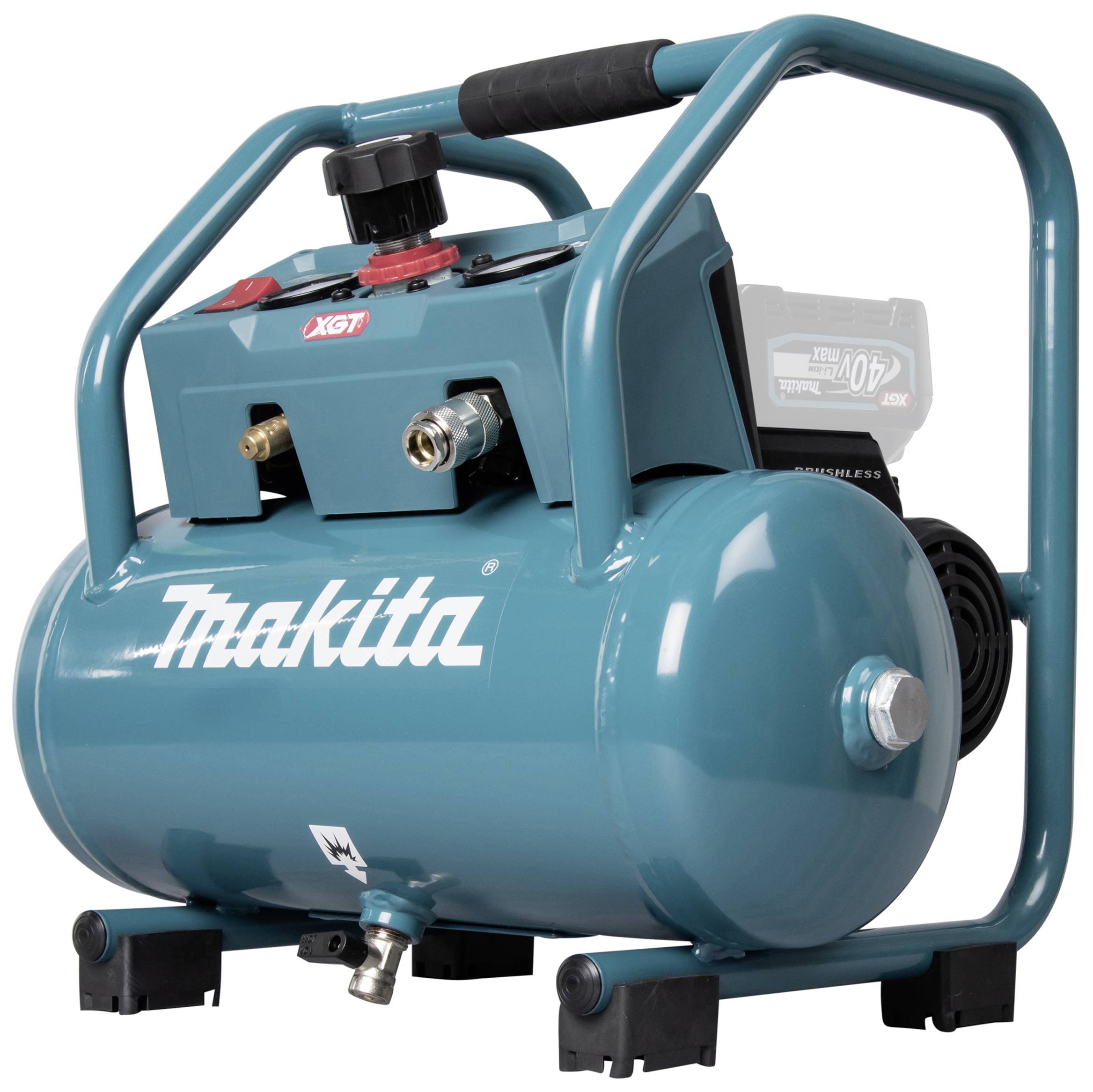 Small, blue Makita air compressor with carry handle and controls on top, suitable for DIY and trade work.