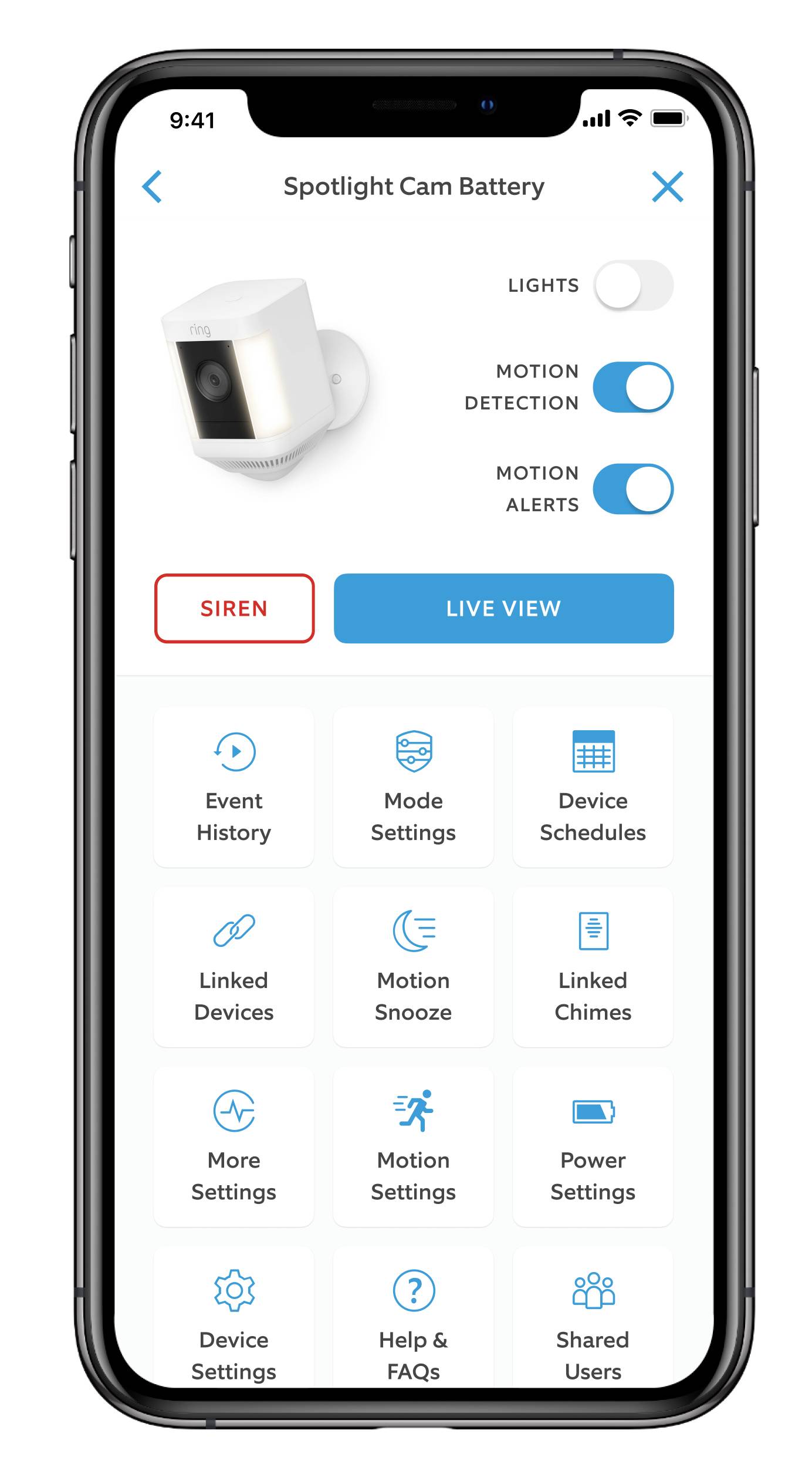 Smartphone displaying 'Spotlight Cam Battery' app, with options such as 'Lights', 'Motion Detection', 'Siren' and controls for camera and system.