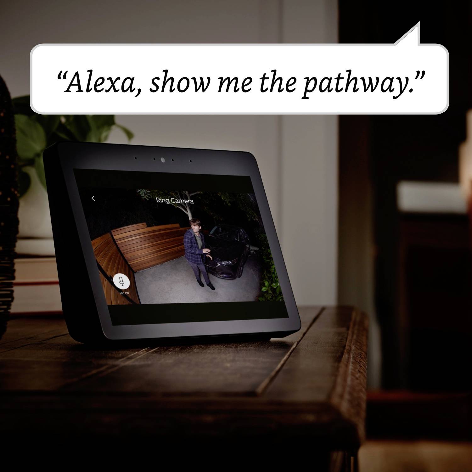 A smart display shows a camera view of a man on a driveway. At the top it reads: 'Alexa, show me the way.'