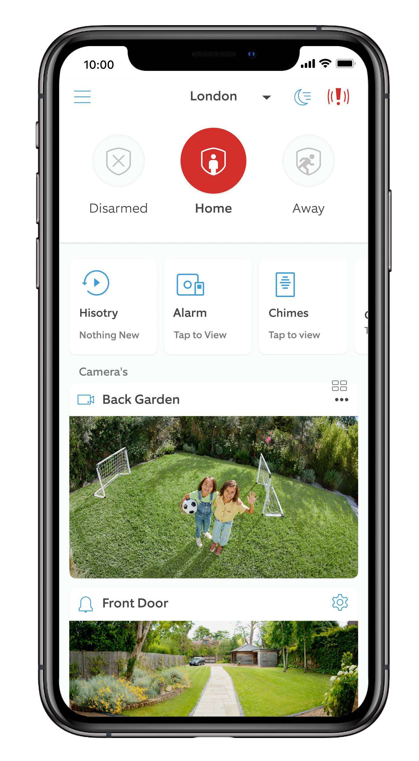 Smartphone screen with a security app. Main interface shows home monitoring status, camera images, and alarm control.