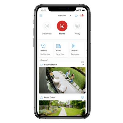 Smartphone display of a security app: A red symbol with 'Home' at the top centre. At the bottom, a camera shows two people in the garden.