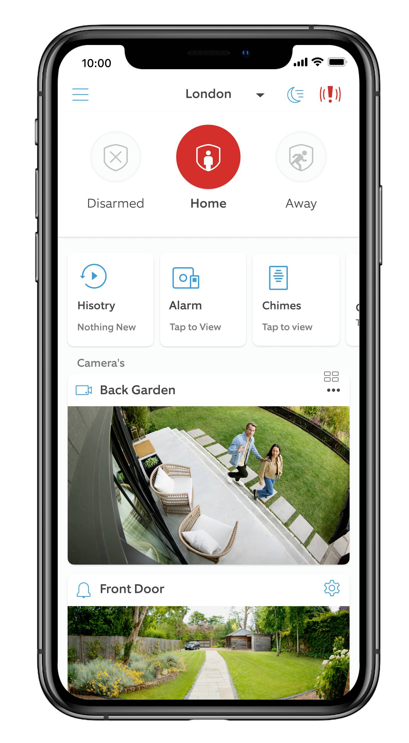 Smartphone screen with security app. Showing 'Home' status, two cameras with live images of the garden and front door.