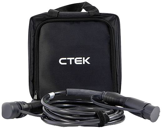 'CTEK battery charger in a black bag with a long cable, suitable for various vehicle types, with a convenient carry handle.'