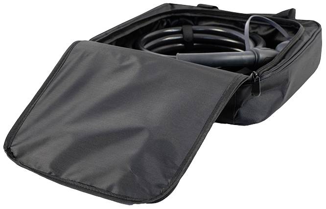 A black bag with an open lid containing a coiled cable drum.
