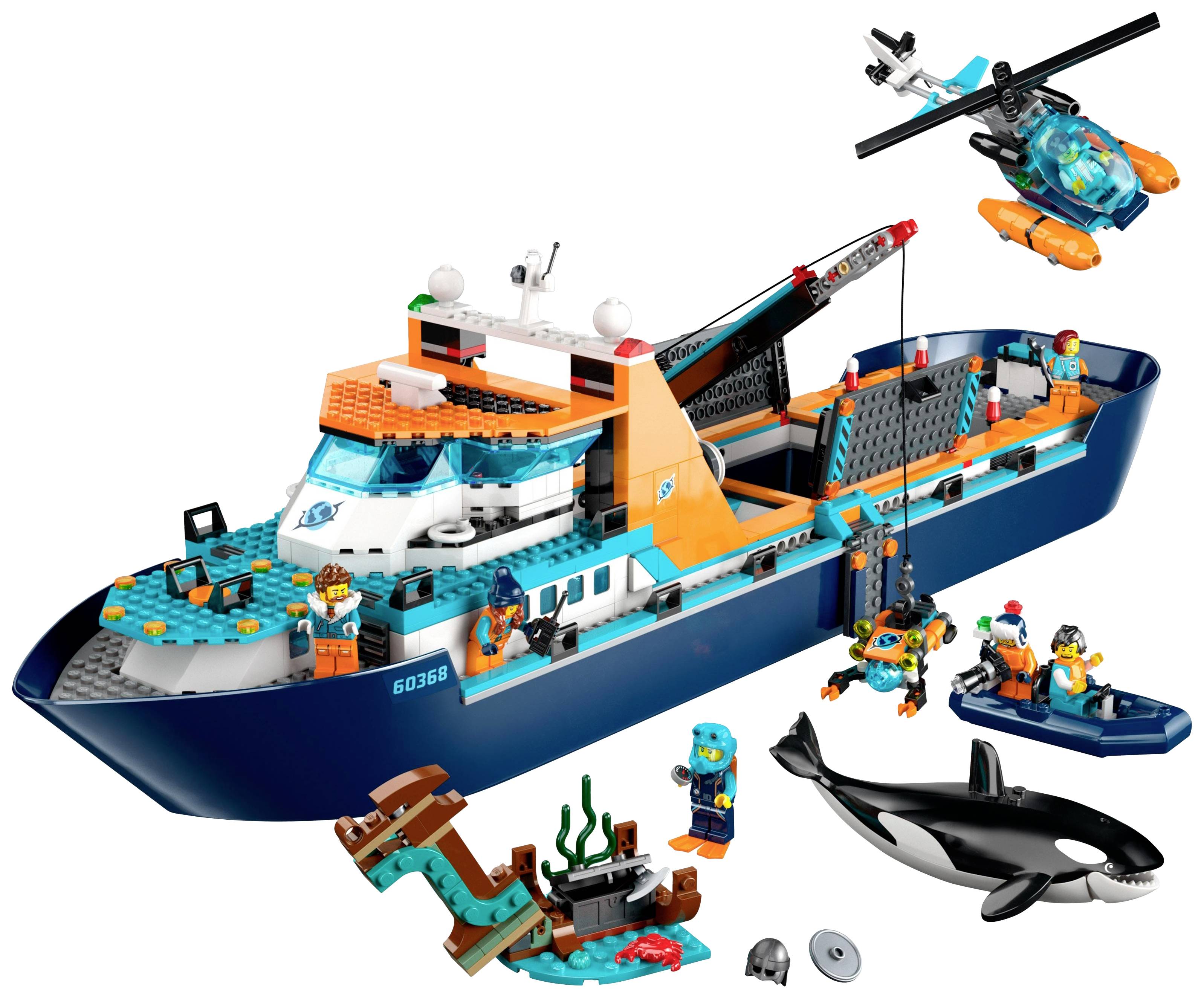 A LEGO set depicts a research vessel with figures, boat, helicopter, whale, and treasure chest. Children recreate research adventures.
