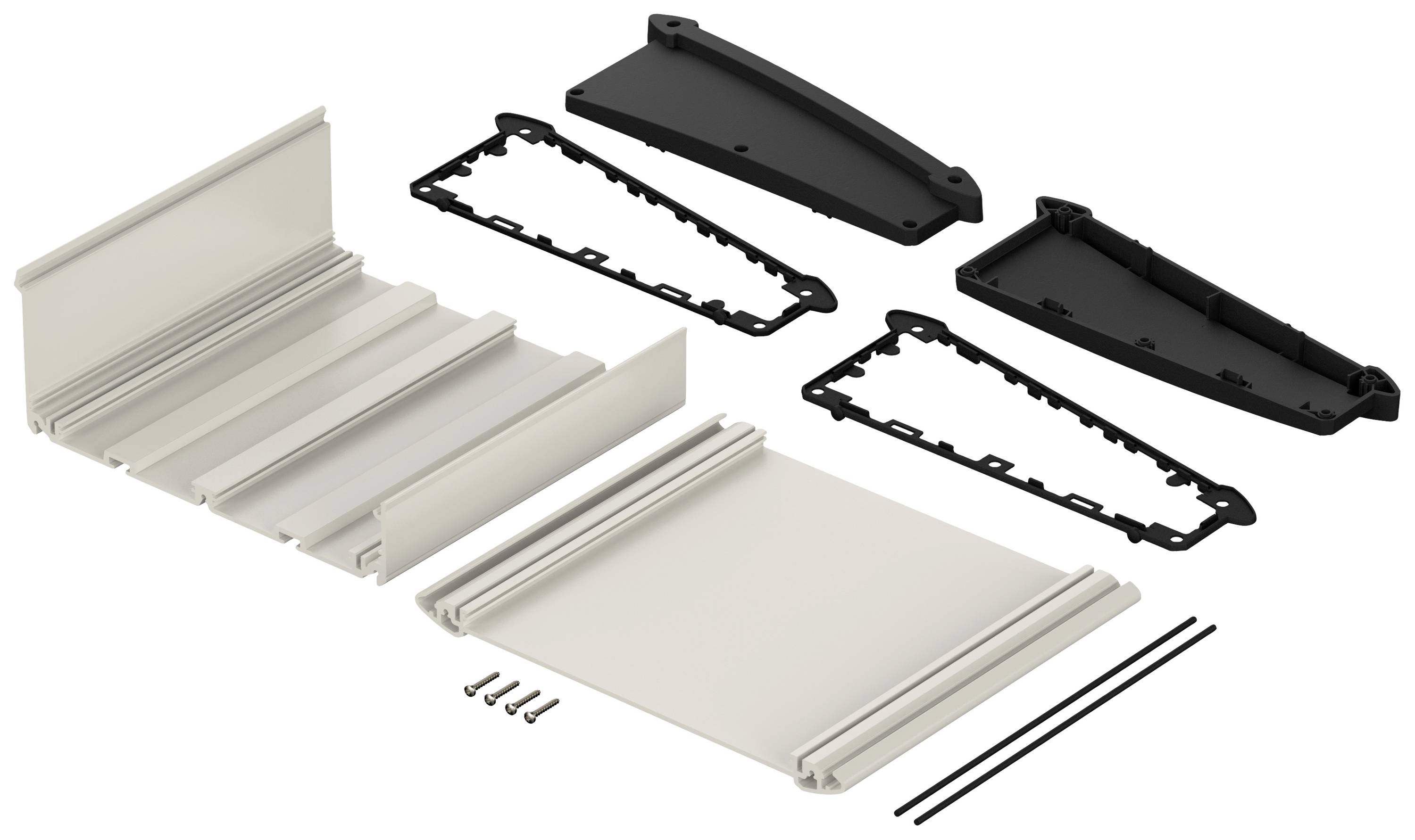 Several white and black plastic components and screws that could together form a housing or cover.
