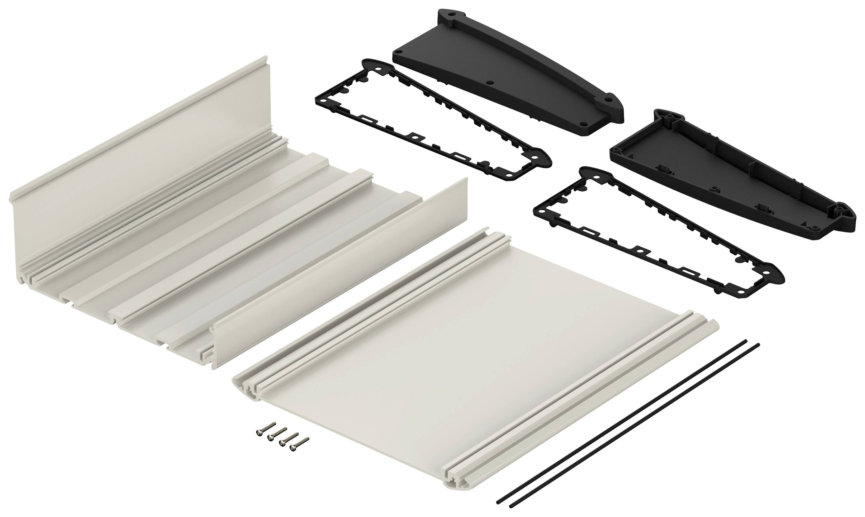 A disassembled housing kit with two side panels, top and bottom sections, along with the corresponding screws and rubber seals.