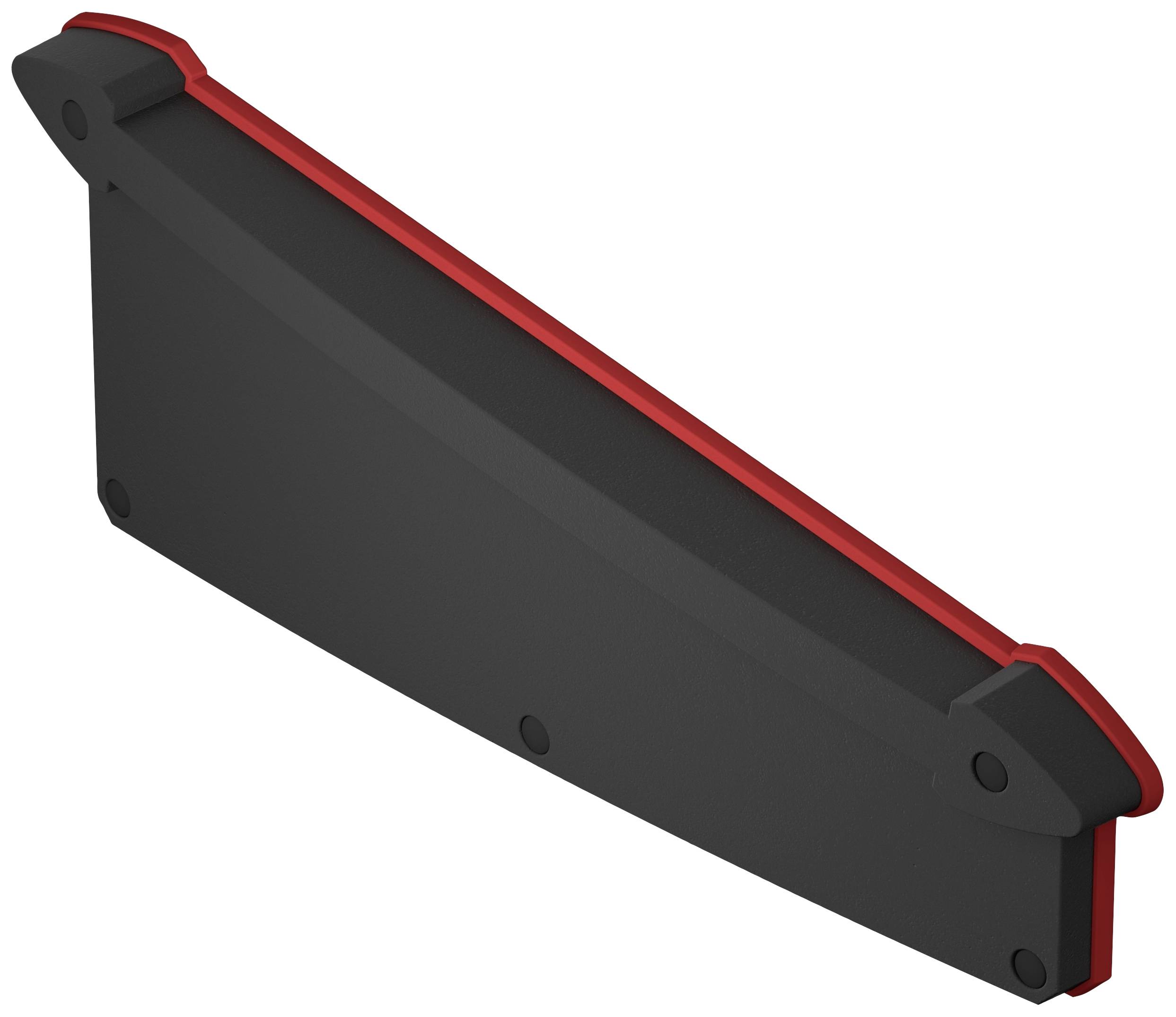 Black plastic component with red edges in a curved shape, potentially a protective or cover element.