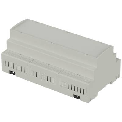 A grey electronic device in a rectangular shape, suitable for mounting on a DIN rail.
