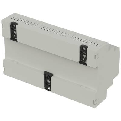 Housing for electronic devices, DIN rail mounting, grey, rectangular shape, with ventilation slots and black clip fastener.