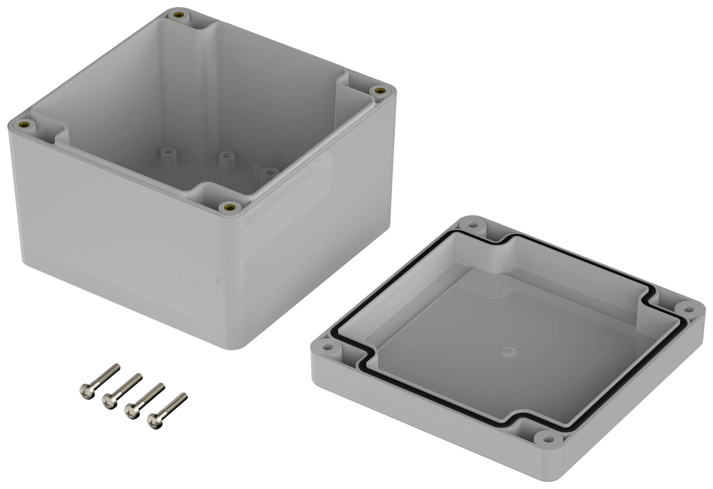 Grey plastic enclosure with a removable lid and four screws. Suitable for electronic assembly or as a protective housing.
