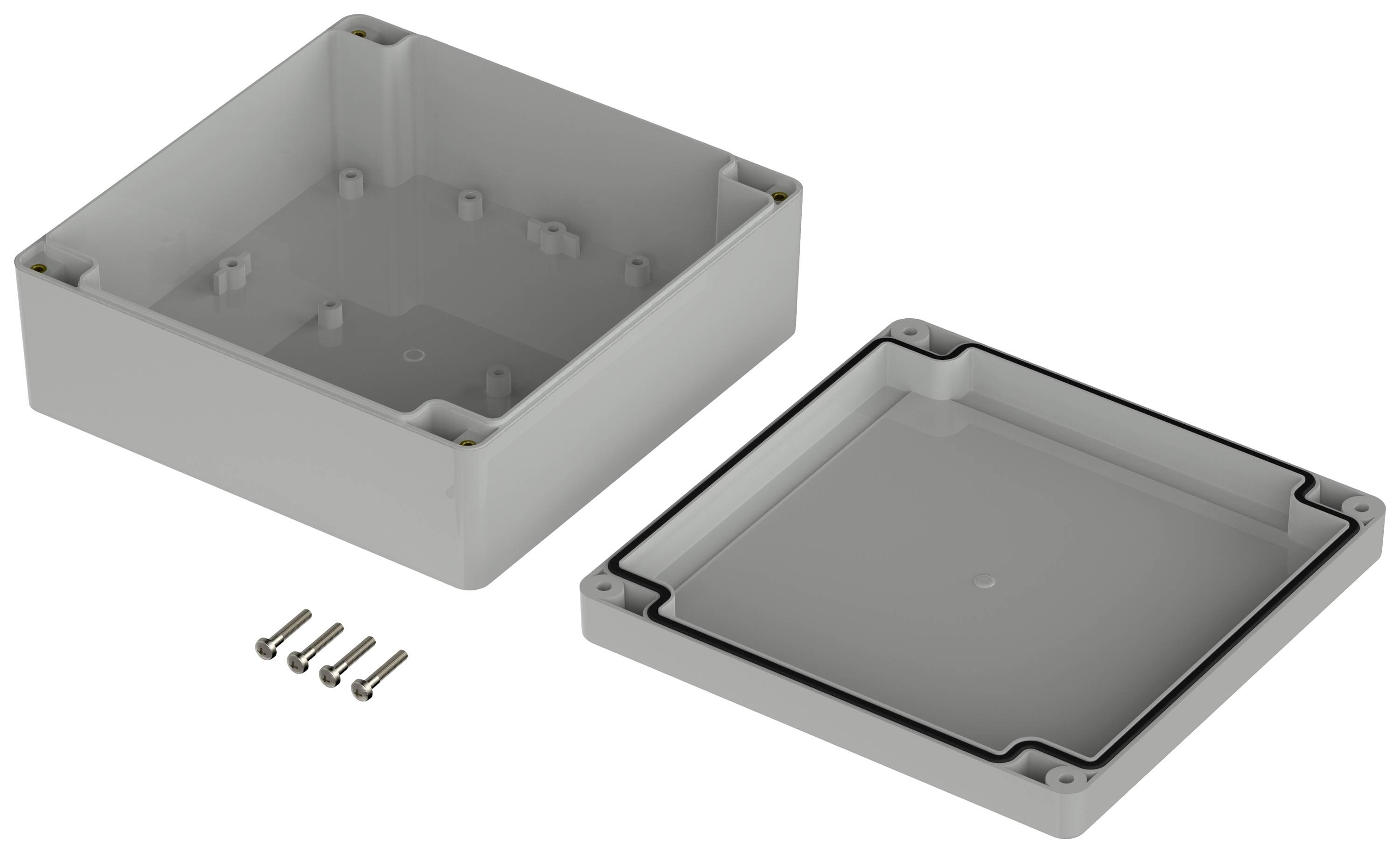 An opened rectangular grey plastic electronics enclosure with four screws beside it. The lid is removed, revealing the internal compartment.