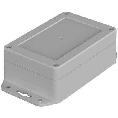 Grey rectangular plastic housing with a removable top plate, rounded corners, and four mounting holes at the edges.