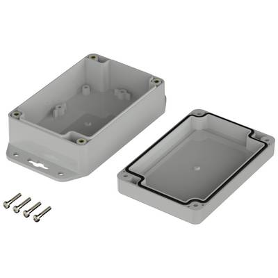 Two grey plastic housing components with four screws. The housings have rounded corners and are designed for electronic components.