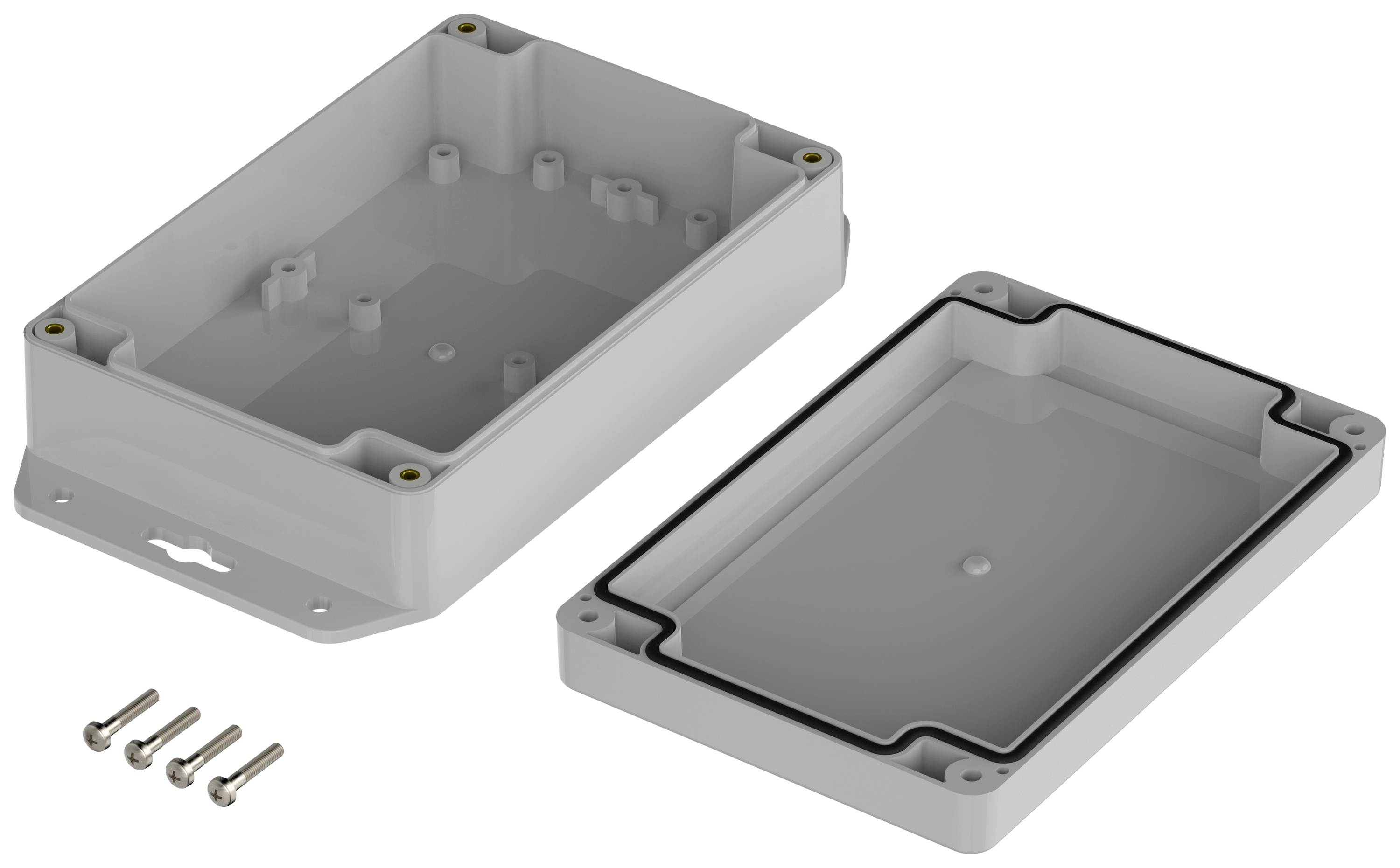 Grey rectangular enclosure with a removable lid, four screw holes at the corners. Four mounting screws included.